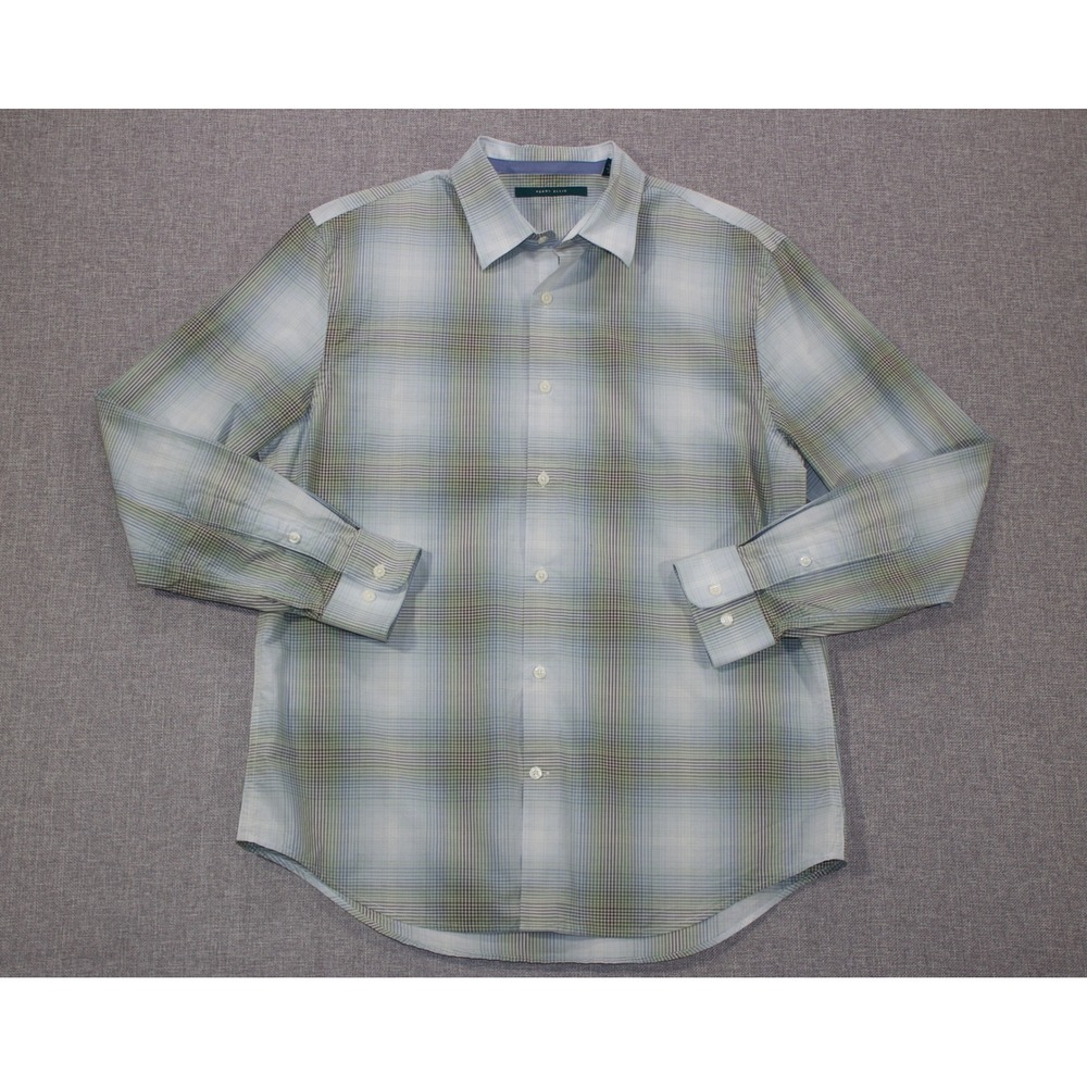 Perry Ellis Button Down Shirt Mens Large Blue Green Plaid 100% Cotton LongSleeve
